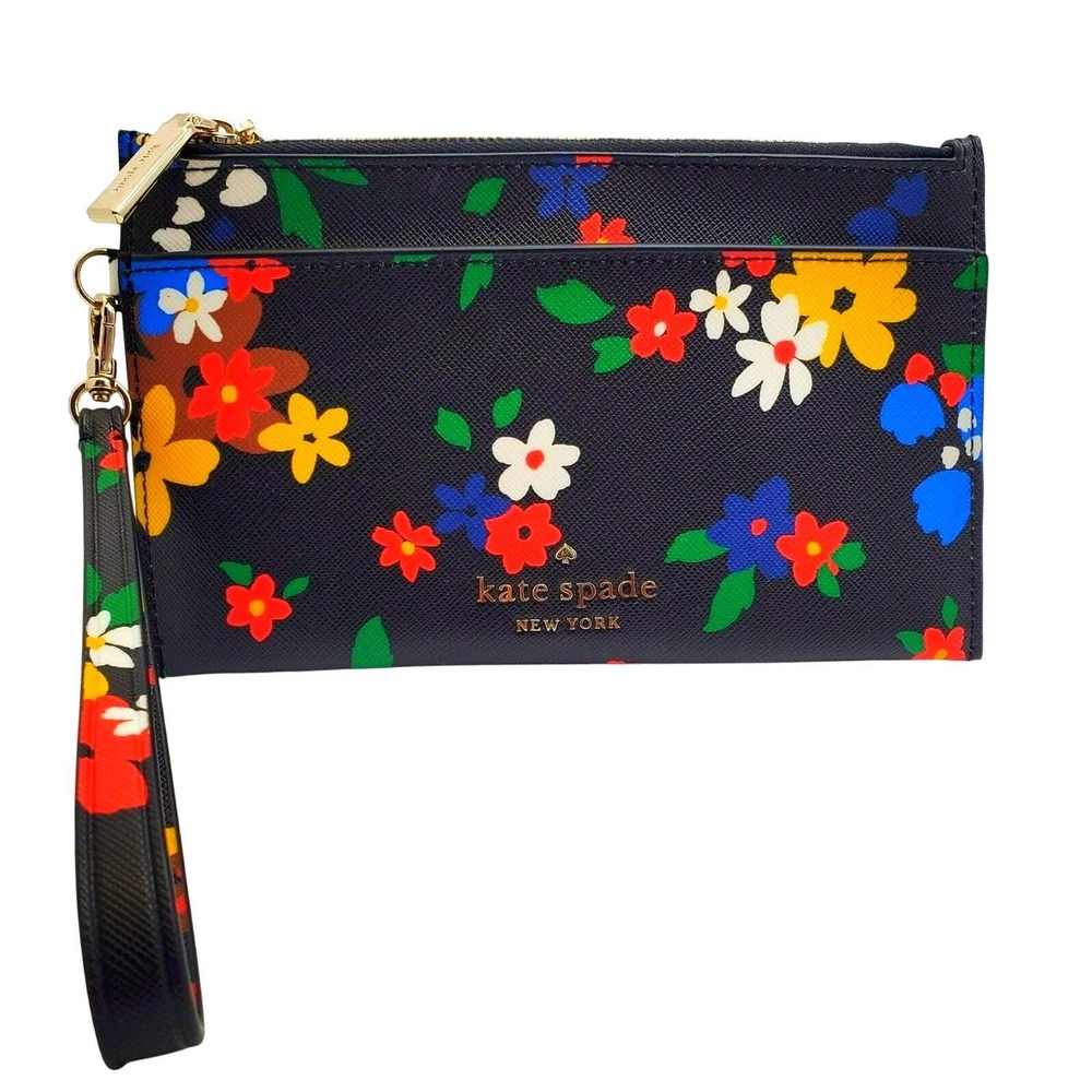 Kate‎ Spade Black Floral Saffiano Leather Wristlet Wallet Clutch Bag Small Purse